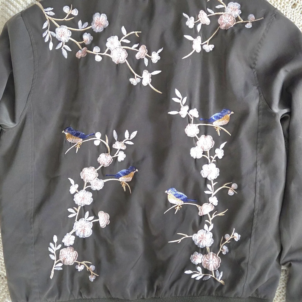 Forever 21 Olive Bomber Jacket with Blue & Pink Embroidered Birds - Picture 4 of 8